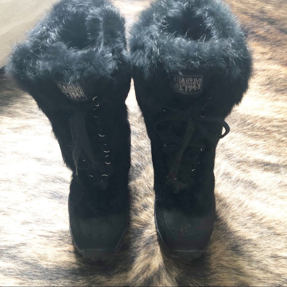 Coach Black Jennie Winter Boot Rabbit Fur Trim - Picture 2 of 6